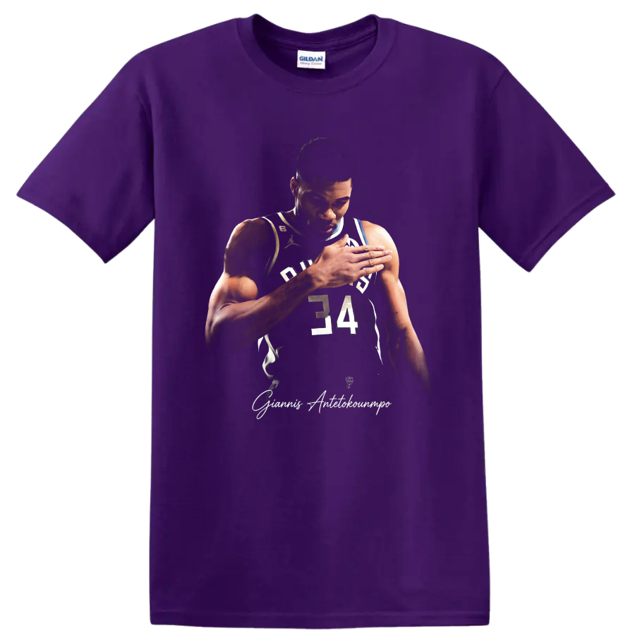 Giannis Antetokounmpo Milwaukee Bucks number 34 basketball portrait with signature on a Purple T Shirt