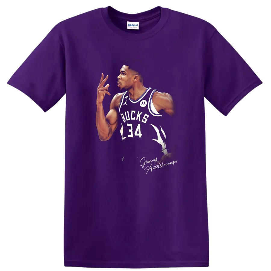 Giannis Antetokounmpo Milwaukee Bucks number 34 basketball portrait graphic on a Purple T Shirt