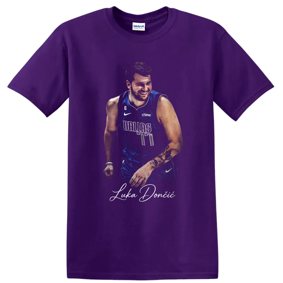 Luka Doncic Dallas Mavericks number 77 portrait with signature-style lettering on a Purple T Shirt