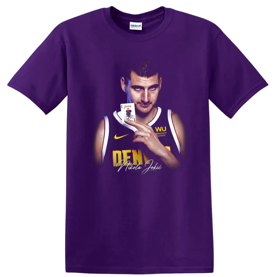 Nikola Jokić Denver Nuggets portrait holding a Joker card with signature-style text on a Purple T Shirt