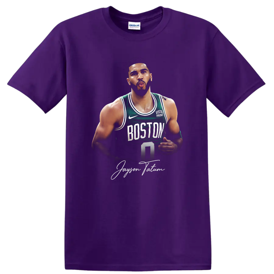 Jayson Tatum Boston Celtics number 0 basketball portrait with signature-style text on a Purple T Shirt
