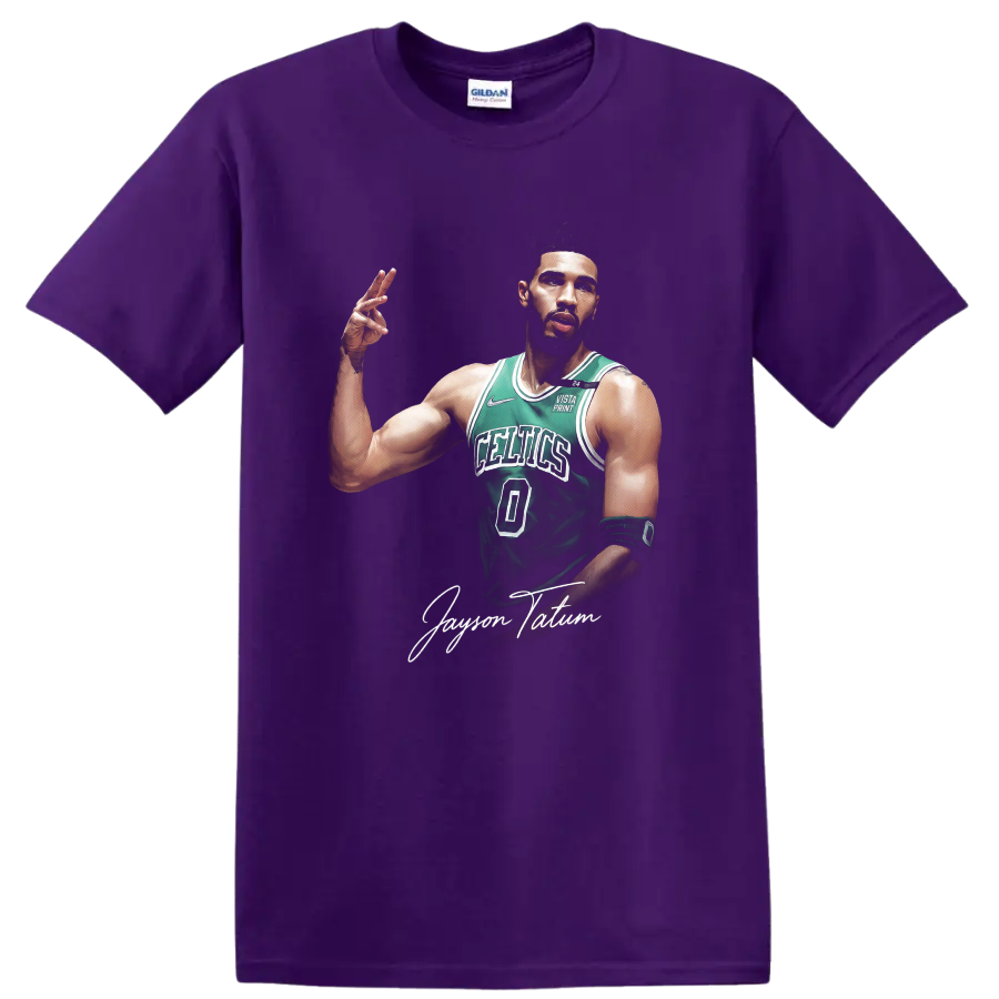 Jayson Tatum Boston Celtics number 0 basketball portrait with signature script on a Purple T Shirt