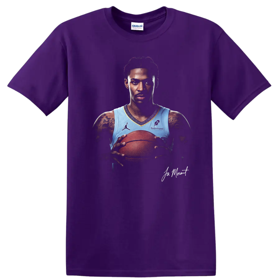 Ja Morant Memphis Grizzlies basketball portrait holding a ball with signature detail on a Purple T Shirt