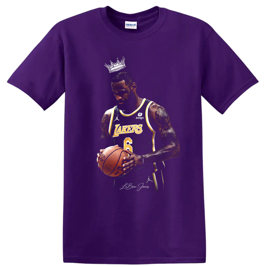 LeBron James Lakers-style basketball portrait with crown and number 6 jersey on a Purple T Shirt