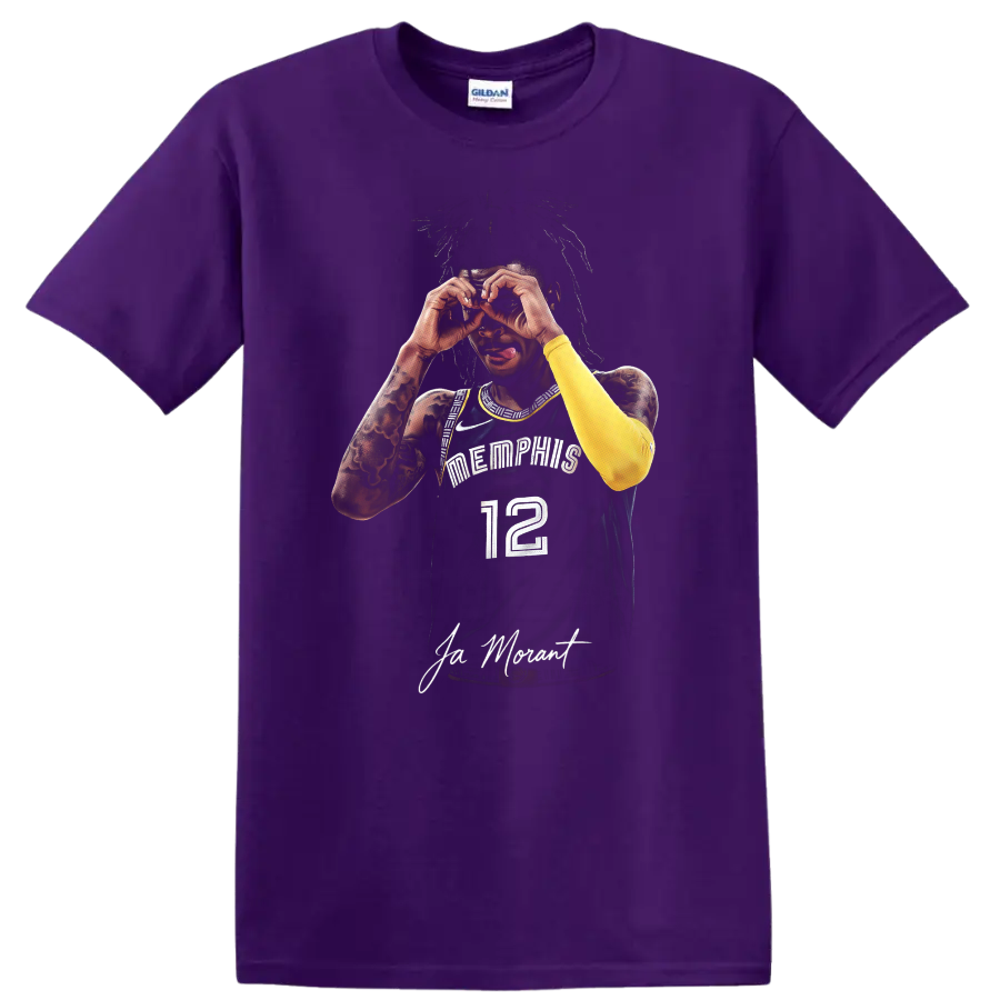 Ja Morant Memphis Grizzlies number 12 basketball portrait with binocular hand gesture on a Purple T Shirt