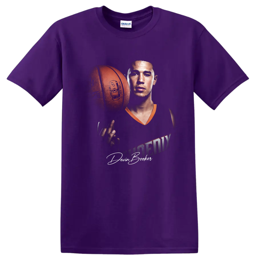 Kevin Durant Phoenix Suns basketball player portrait with ball and signature-style text on a Purple T Shirt