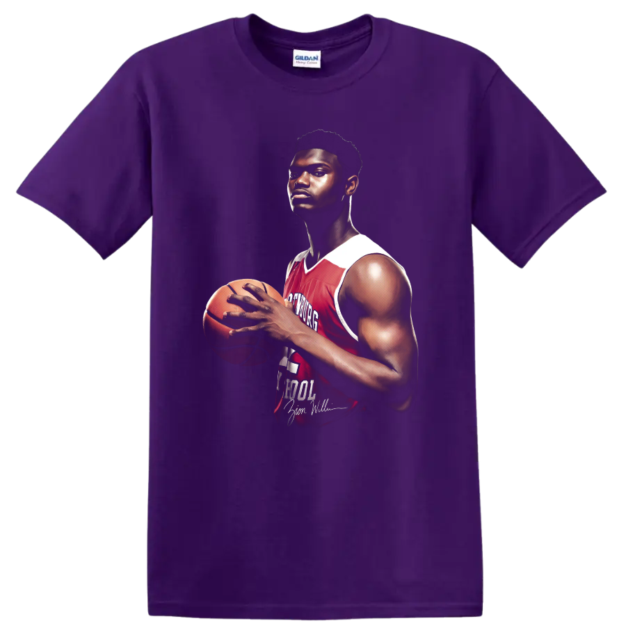 Zion Williamson Spartanburg Day School basketball portrait with red number 1 jersey on a Purple T Shirt
