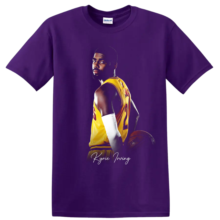 Kyrie Irving Cleveland Cavaliers basketball portrait with gold number 2 jersey on a Purple T Shirt