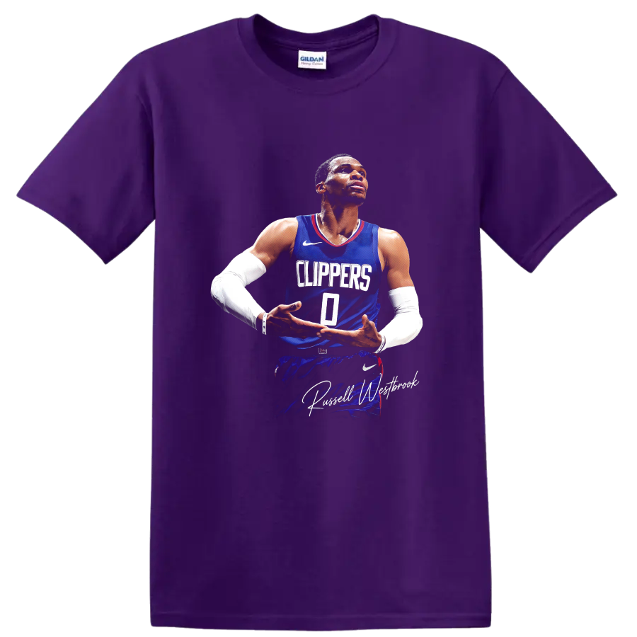 Russell Westbrook in Clippers number 0 jersey with signature-style text on a Purple T Shirt