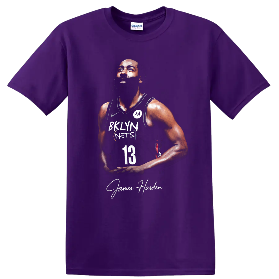 Kevin Durant Brooklyn Nets number 13 player portrait with signature-style name text on a Purple T Shirt