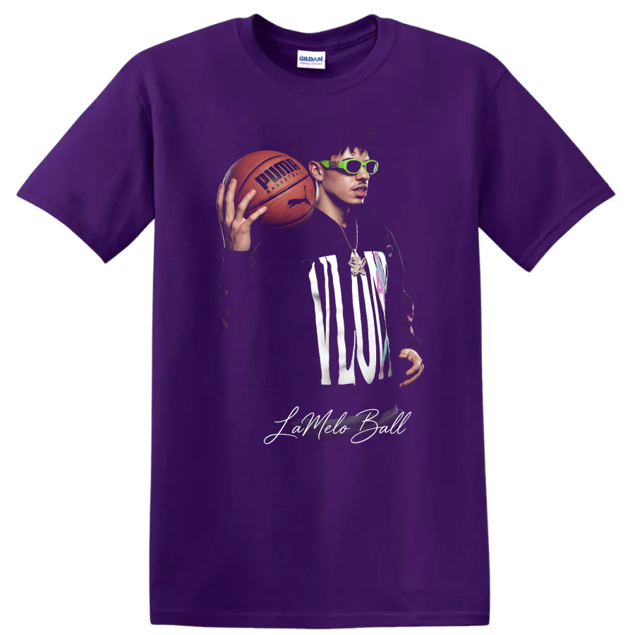 LaMelo Ball holding a basketball in neon green sunglasses with MELO lettering on a Purple T Shirt