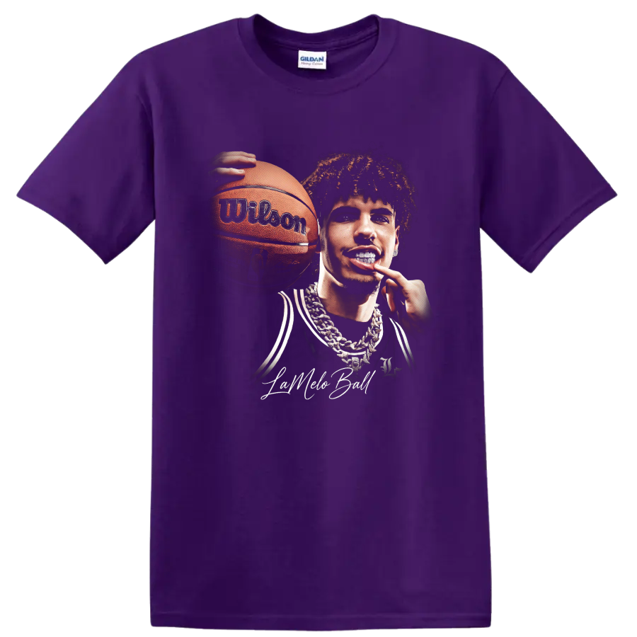 LaMelo Ball holding basketball in bold Charlotte Hornets portrait artwork on a Purple T Shirt