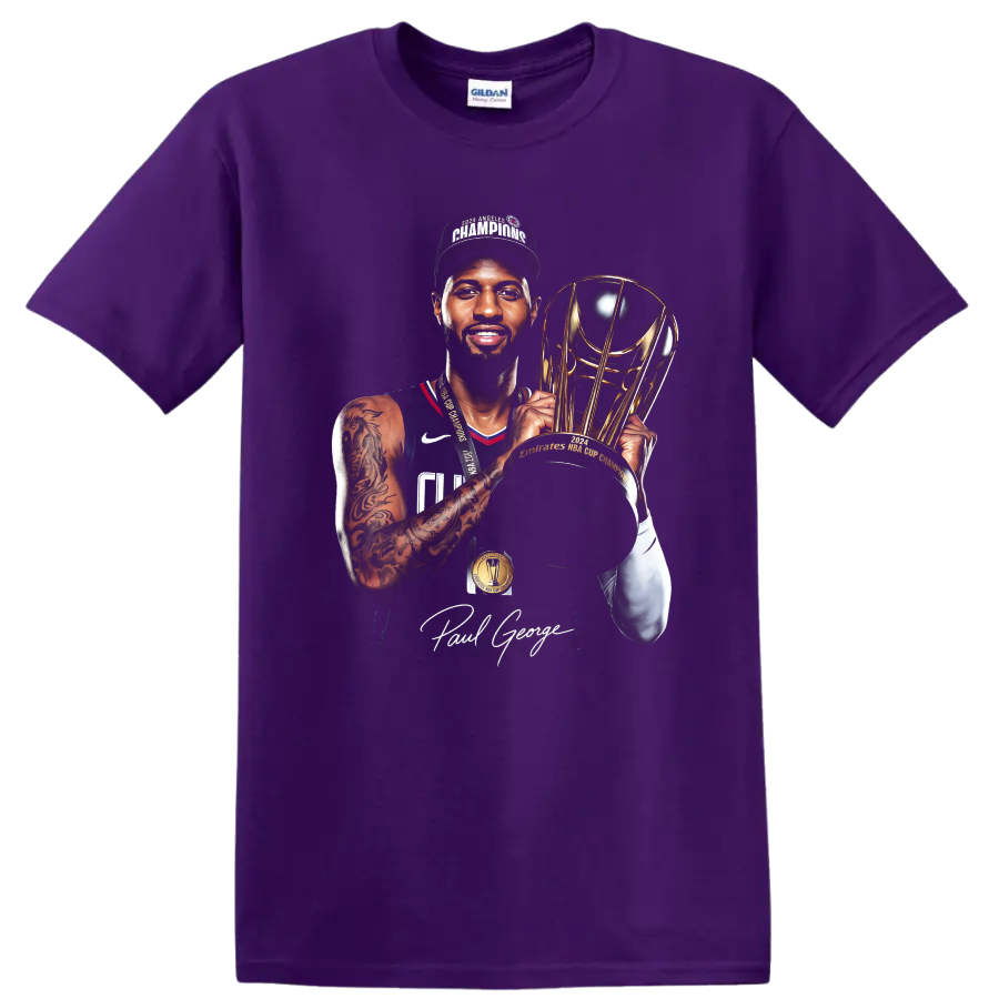 Chris Bosh Miami Heat basketball portrait with championship trophy and signature on a Purple T Shirt