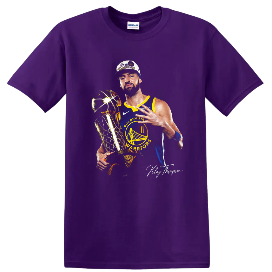 Andrew Wiggins Warriors championship trophy portrait with blue-and-gold uniform on a Purple T Shirt