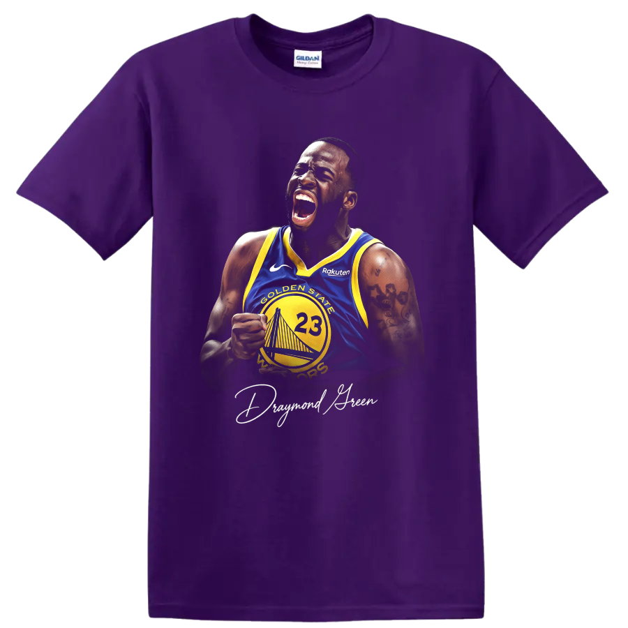 Draymond Green roaring in a blue and yellow Golden State Warriors number 23 jersey on a Purple T Shirt