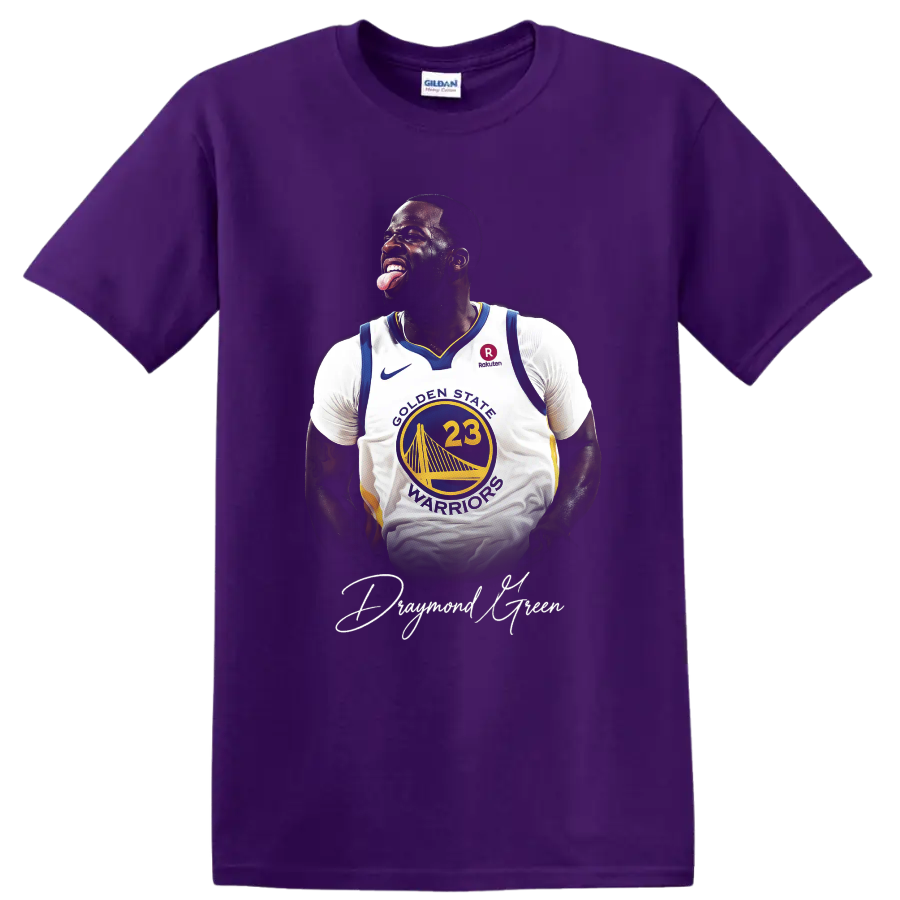 Draymond Green Golden State Warriors basketball portrait with white script signature on a Purple T Shirt