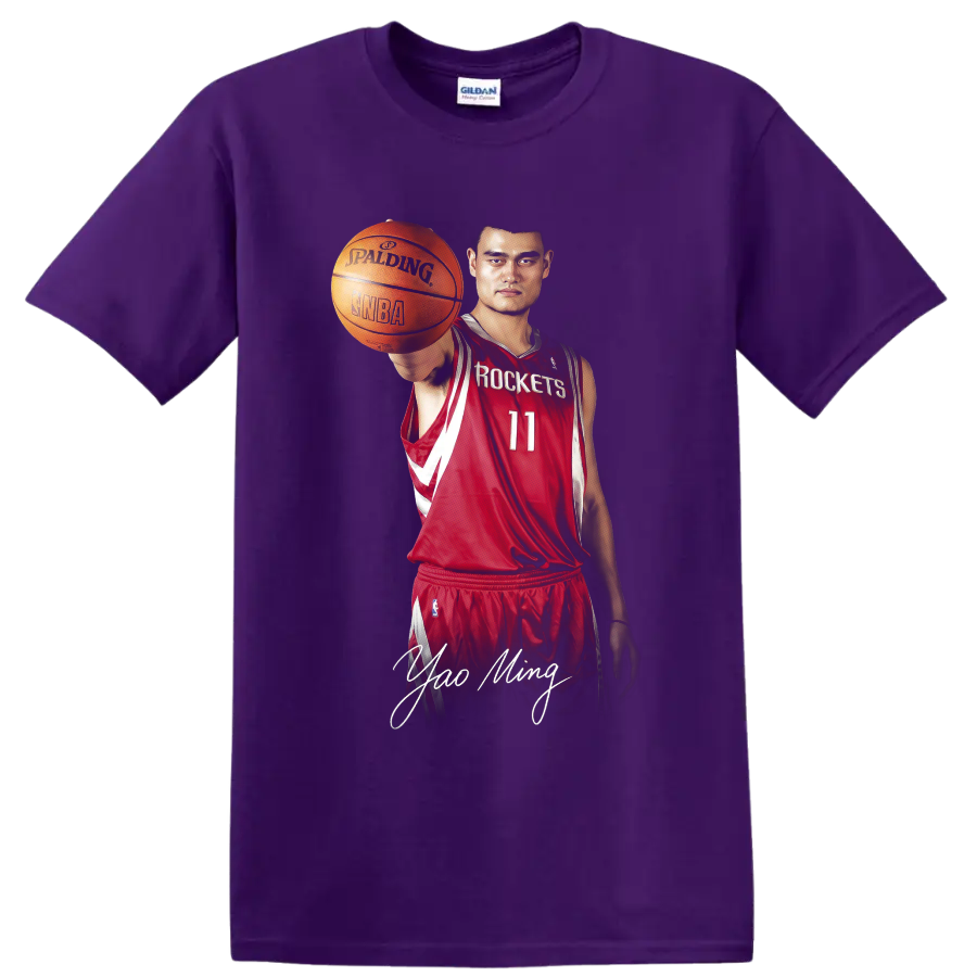 Yao Ming in Houston Rockets number 11 uniform holding basketball with signature on a Purple T Shirt