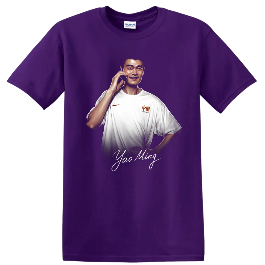 Yao Ming basketball portrait with signature-style lettering on a Purple T Shirt
