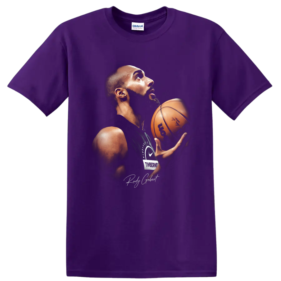 Anthony Edwards holding basketball in dramatic Minnesota Timberwolves portrait artwork on a Purple T Shirt
