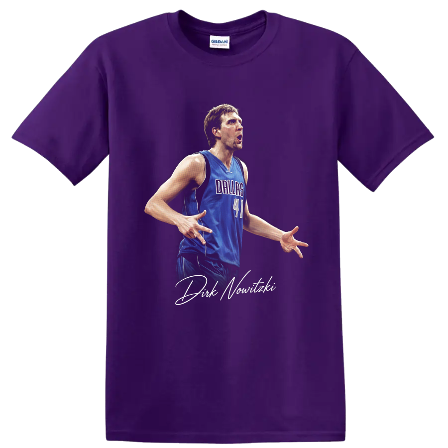 Dirk Nowitzki Dallas Mavericks number 41 player portrait with signature script on a Purple T Shirt