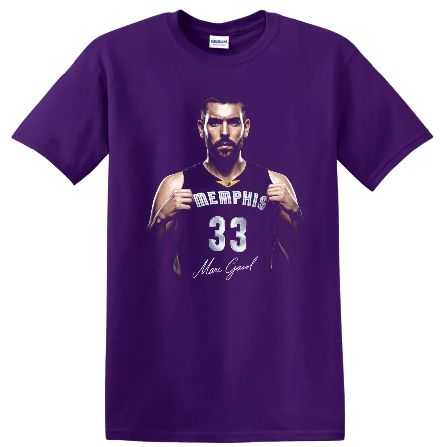 Marc Gasol Memphis Grizzlies number 33 basketball portrait with signature-style text on a Purple T Shirt