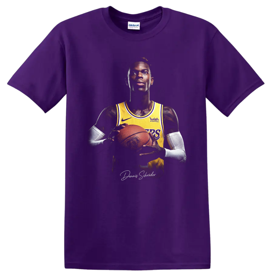 Dennis Schröder Lakers basketball portrait holding a ball with signature-style script on a Purple T Shirt