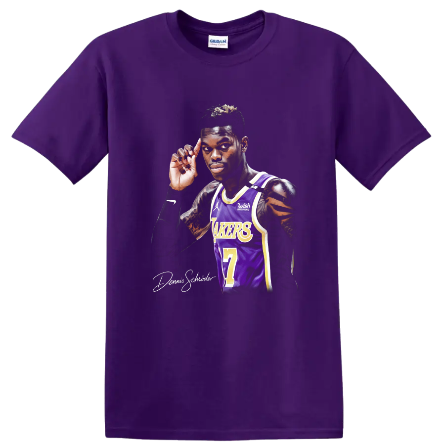 Dennis Schröder Lakers number 17 basketball player portrait in purple and gold jersey on a Purple T Shirt