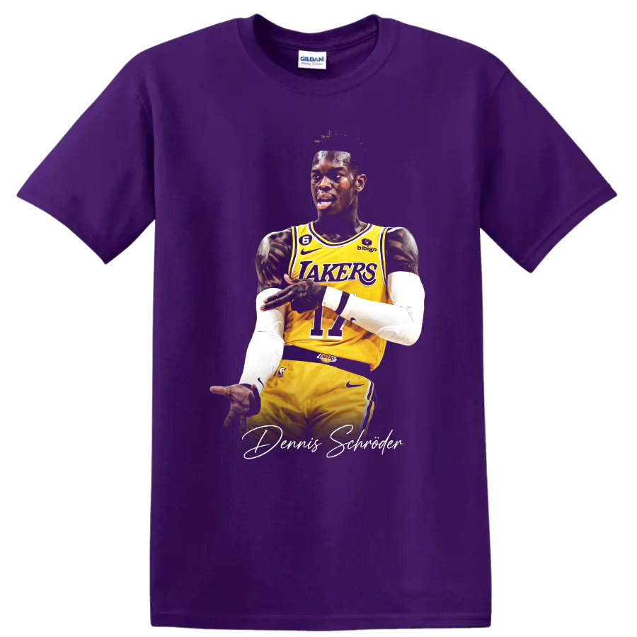 Dennis Schröder Lakers player action portrait with signature-style lettering on a Purple T Shirt