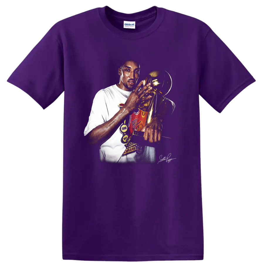 Scottie Pippen holding championship trophy in dramatic Chicago Bulls portrait on a Purple T Shirt