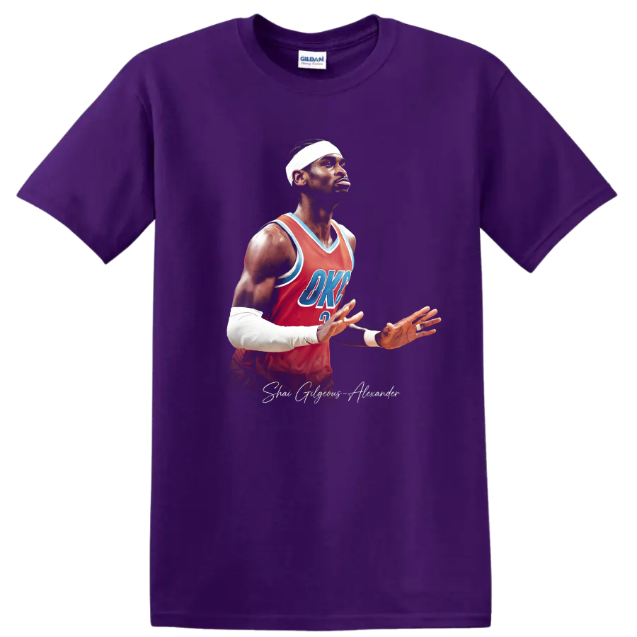 Shai Gilgeous-Alexander basketball portrait in red Thunder jersey with script signature on a Purple T Shirt