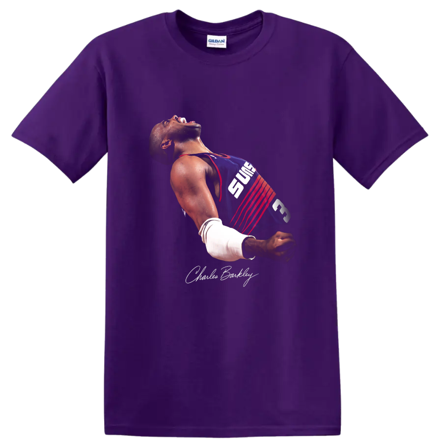 Charles Barkley Phoenix Suns number 34 basketball celebration portrait with signature on a Purple T Shirt