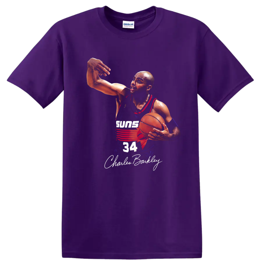 Charles Barkley Phoenix Suns number 34 basketball action illustration with signature on a Purple T Shirt