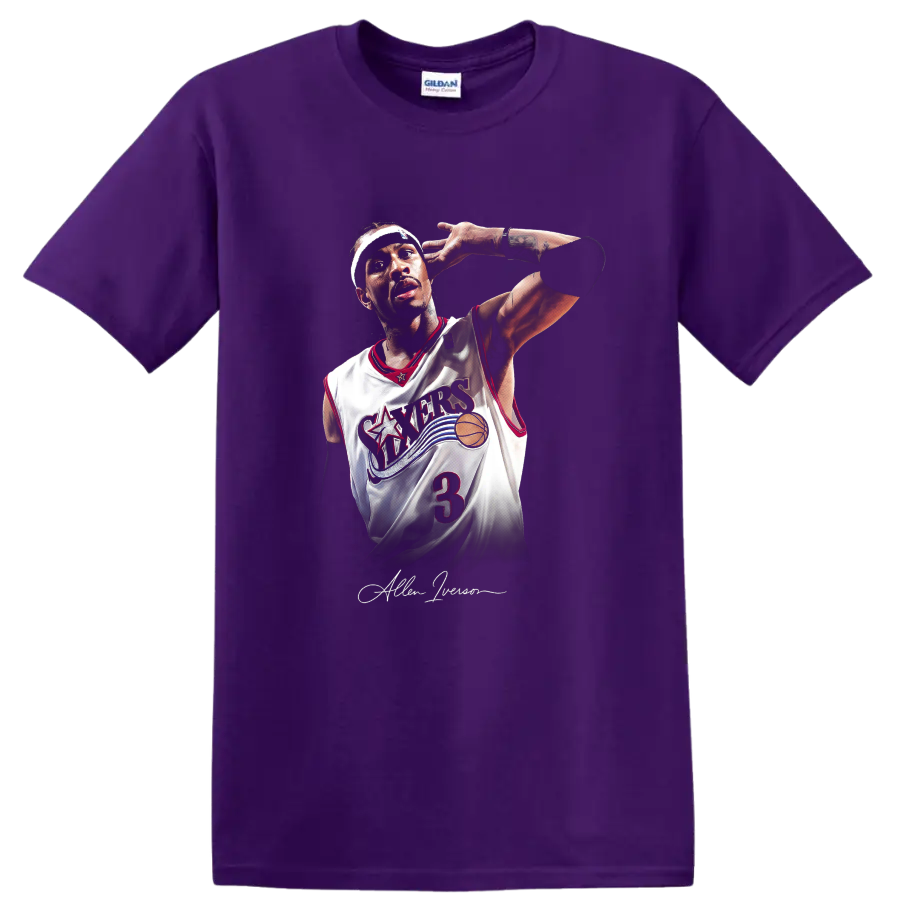 Allen Iverson in Philadelphia 76ers number 3 jersey retro basketball portrait on a Purple T Shirt