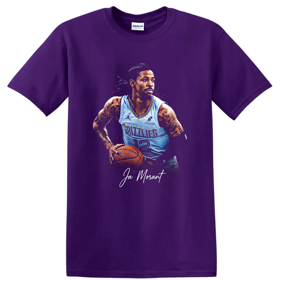 Ja Morant Memphis Grizzlies basketball portrait with number 12 jersey and signature text on a Purple T Shirt