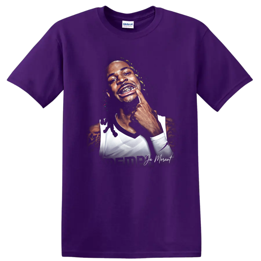 Ja Morant Memphis Grizzlies basketball portrait with gold grill and signature lettering on a Purple T Shirt