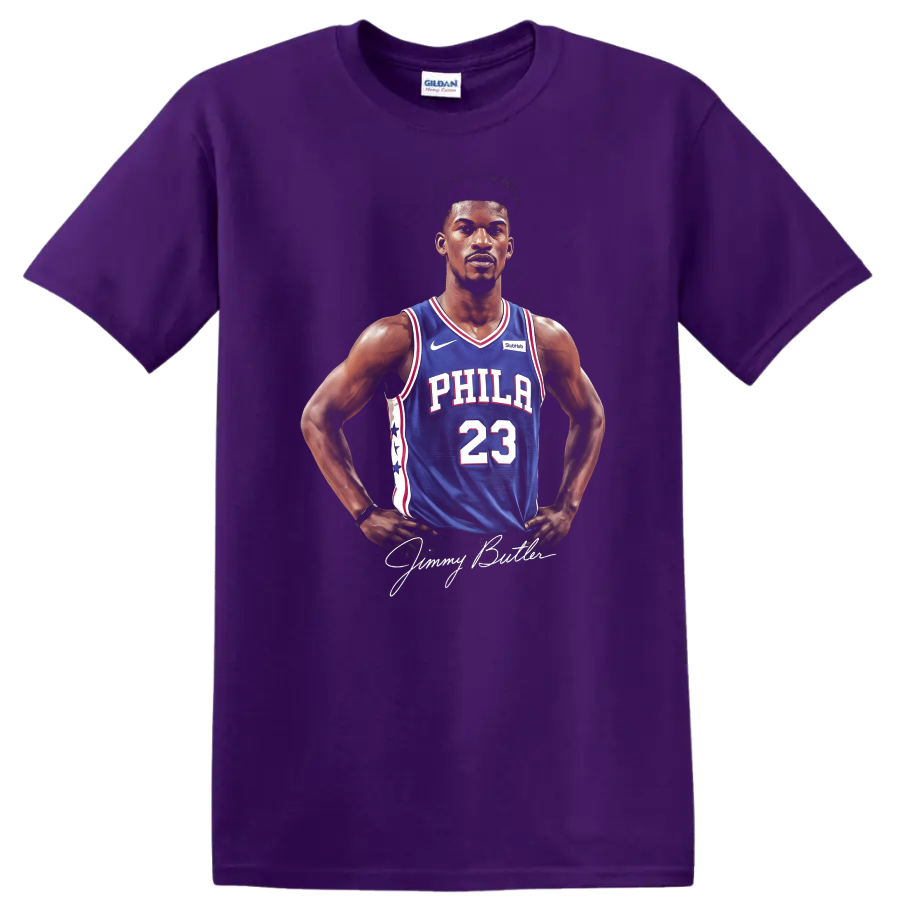 Jimmy Butler portrait in Philadelphia 76ers number 23 jersey with signature on a Purple T Shirt