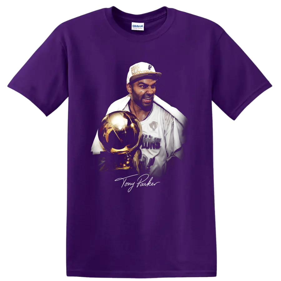 Tony Parker championship trophy portrait with 2014 cap and signature on a Purple T Shirt