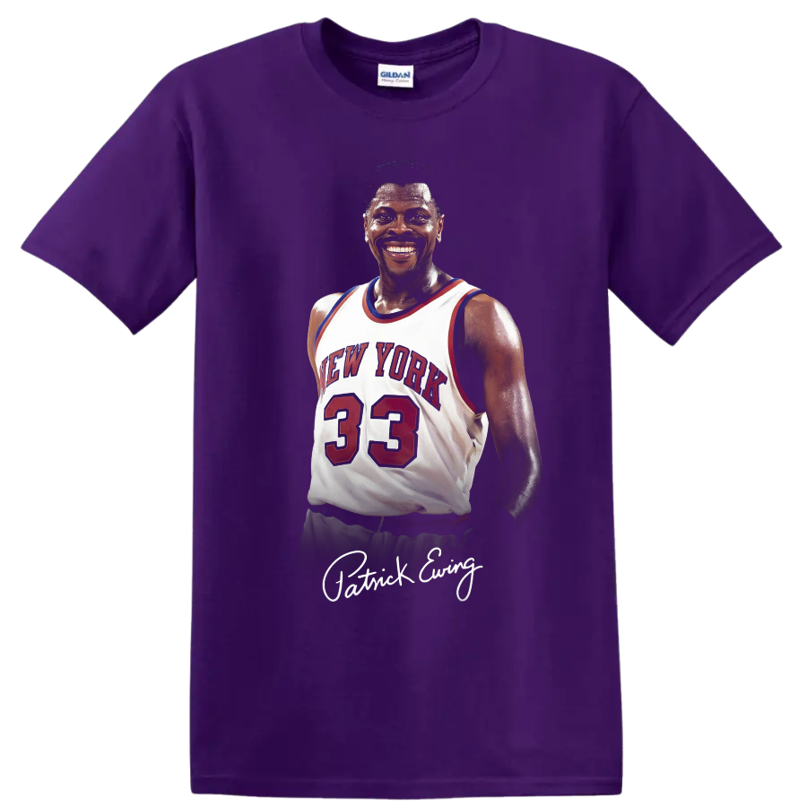 Patrick Ewing New York Knicks number 33 basketball portrait with signature-style name on a Purple T Shirt