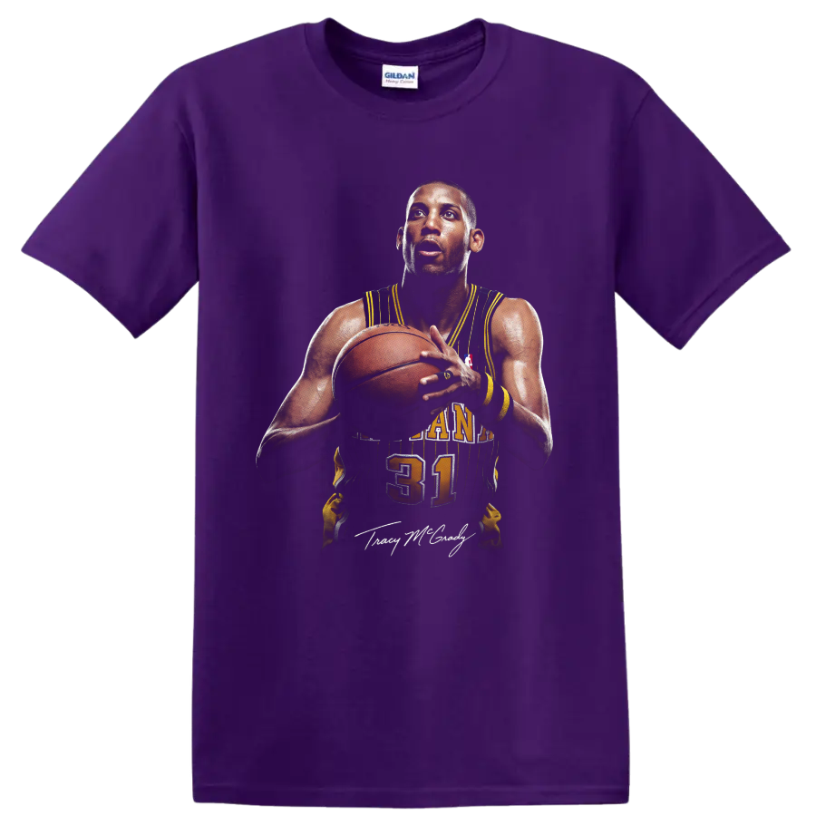 Reggie Miller Indiana Pacers number 31 basketball portrait with signature-style detail on a Purple T Shirt