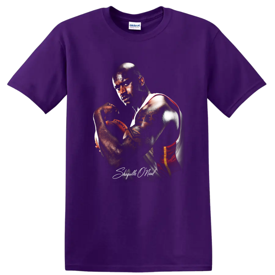 Shaquille O'Neal Miami Heat basketball portrait with a ball and signature-style text on a Purple T Shirt