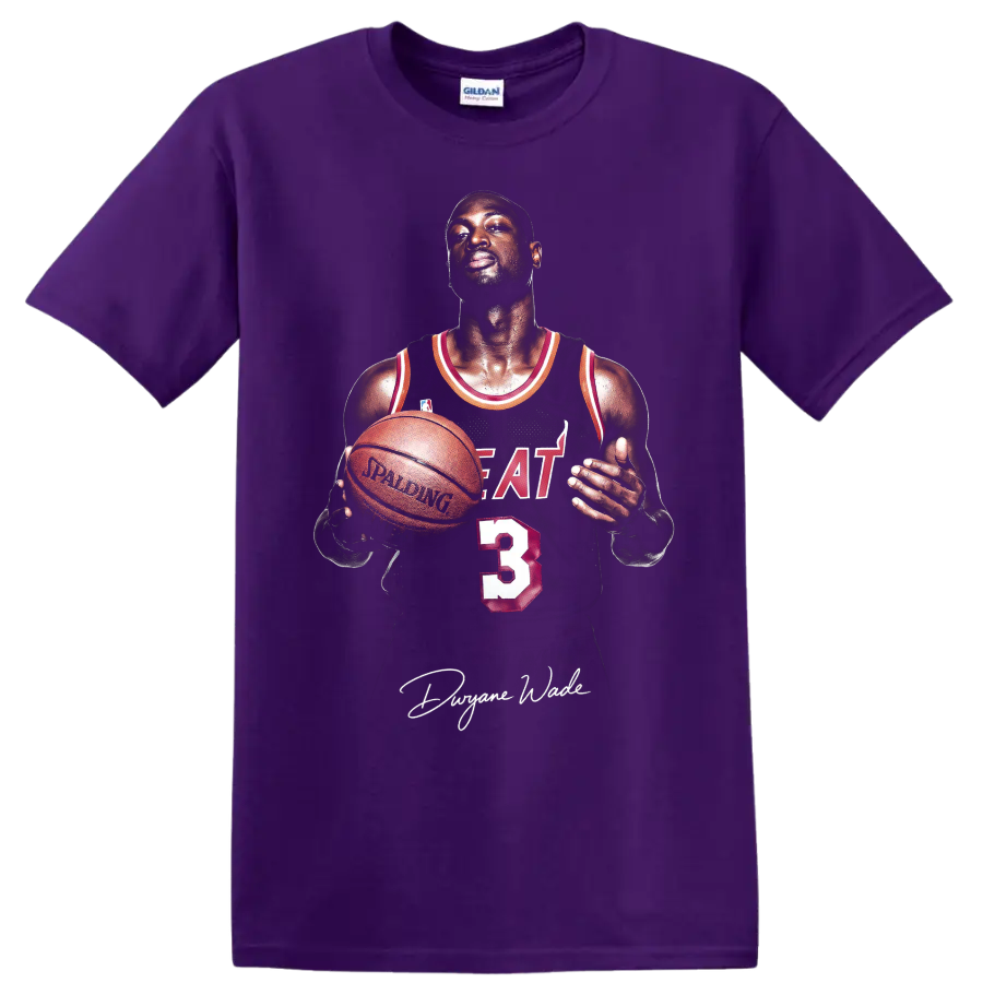 Dwyane Wade Miami Heat number 3 basketball portrait with signature-style graphic on a Purple T Shirt