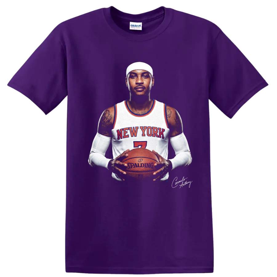 Carmelo Anthony New York number 7 basketball portrait holding a game ball on a Purple T Shirt