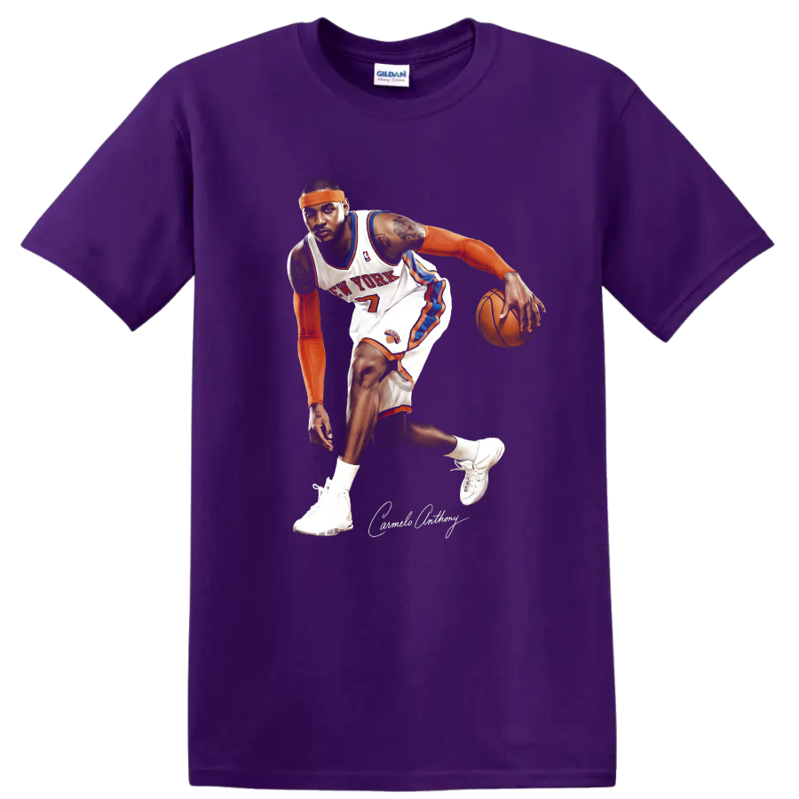Carmelo Anthony New York Knicks dribbling basketball action illustration with signature on a Purple T Shirt
