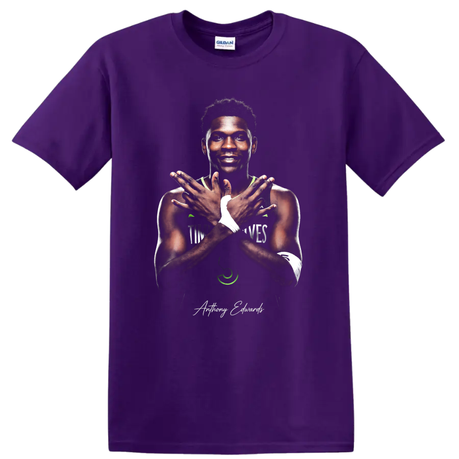 Anthony Edwards crossed-arms basketball portrait with Minnesota Timberwolves accents on a Purple T Shirt
