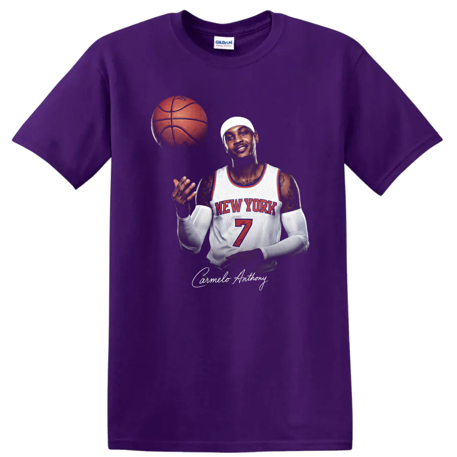 Carmelo Anthony New York Knicks number 7 basketball portrait with floating ball on a Purple T Shirt