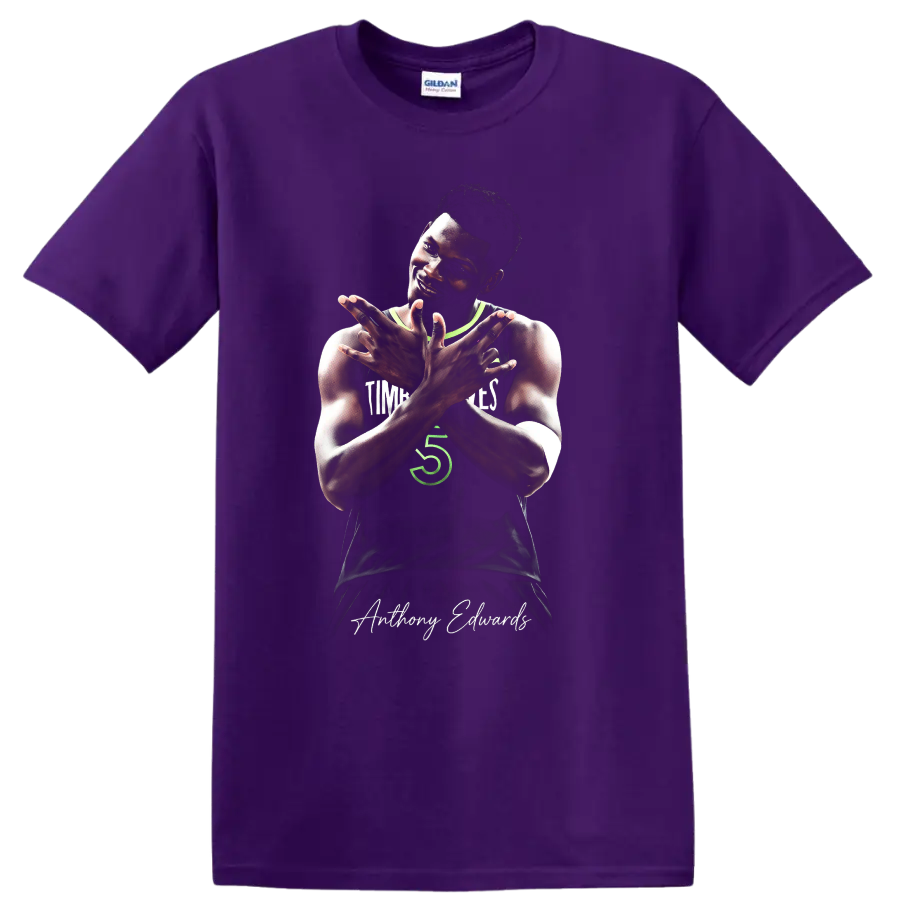 Anthony Edwards Minnesota Timberwolves crossed-arm basketball portrait with signature on a Purple T Shirt