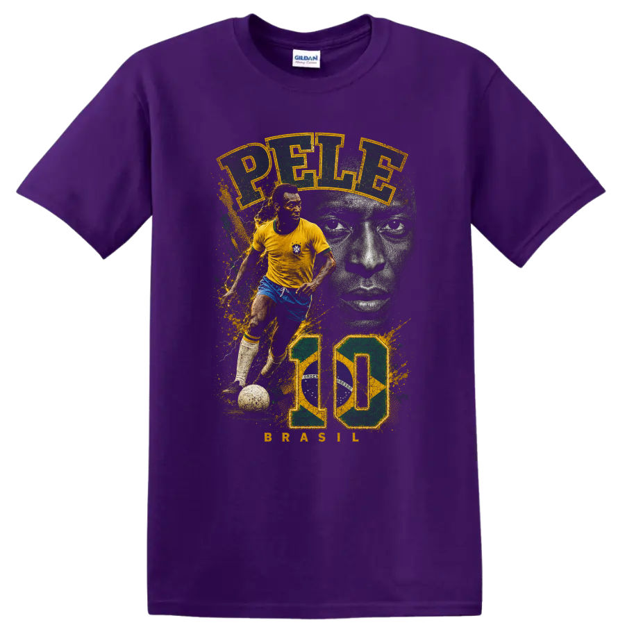 Pelé Brazil soccer graphic print with action pose and grayscale portrait on a Purple T Shirt