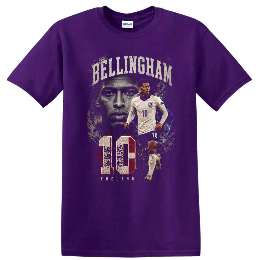 Jude Bellingham soccer action portrait with BELLINGHAM text and number 10 on a Purple T Shirt