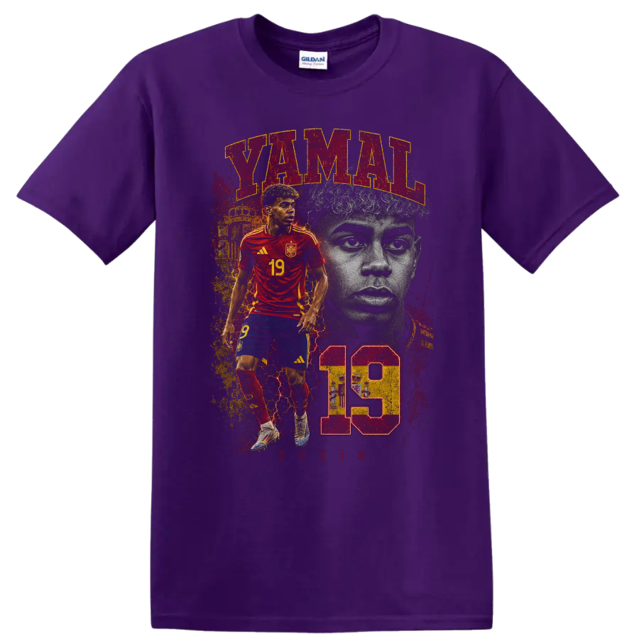 Lamine Yamal soccer portrait graphic with YAMAL and number 19 on a Purple T Shirt