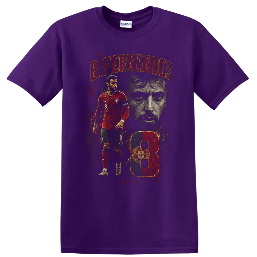 Bruno Fernandes Portugal soccer action portrait with number 8 graphic on a Purple T Shirt